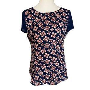 Ann Taylor Navy and Red Patterned Mixed Material Top S